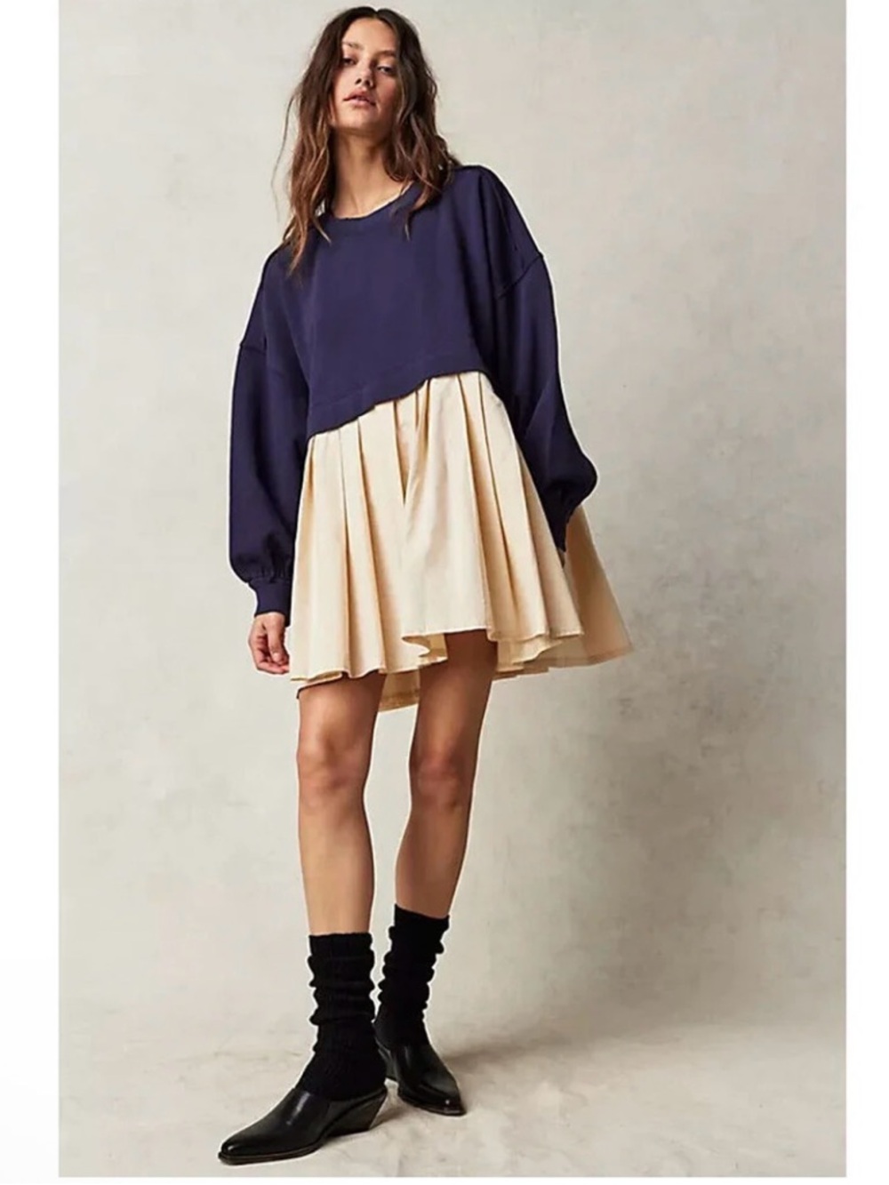 Free People Navy and Cream Eleanor Sweatshirt Dress NWOT size med